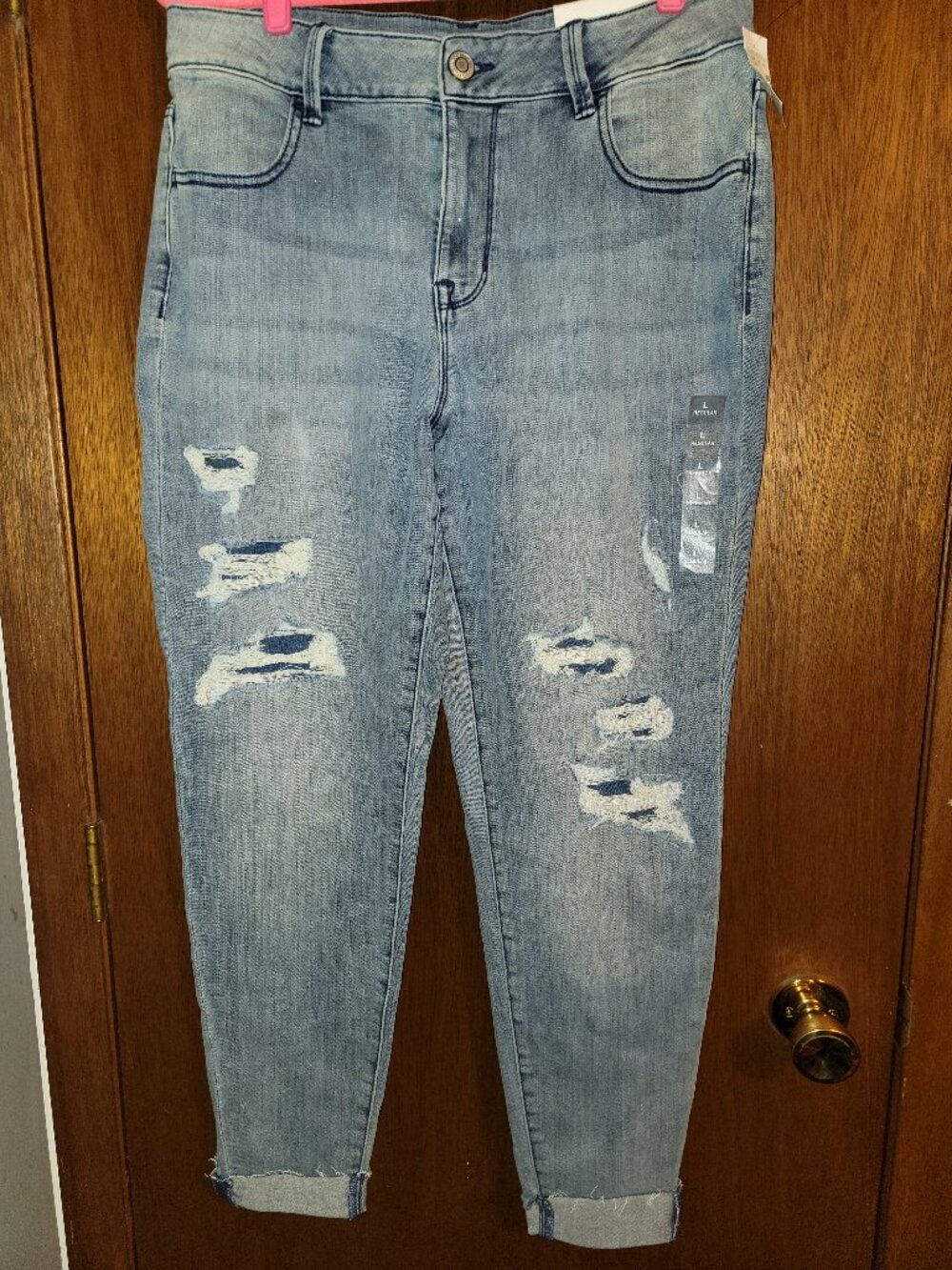 Women's Maurices Sz Large High Rise Soft Jegging Jeans Distressed NEW Holes Cuff